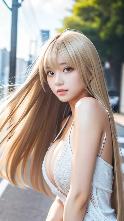 Sexy Big 、Sexy cute looks and cute  beautiful girl, beautiful and sexy face、 strong wind blows my hair in front of my face、length, Metallic blonde straight hair、beautiful,  adorable and sexy eyes hidden behind long bangs。