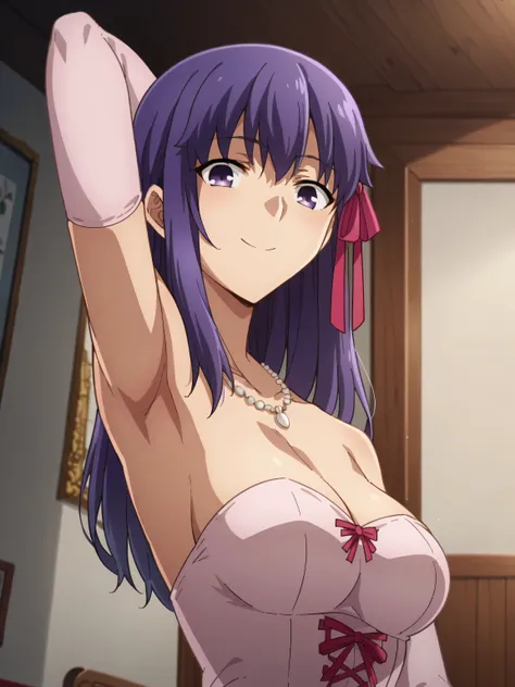 score_9, score_8_up, score_7_up, source_cartoon, source_anime, anime screencap, 1girl, solo, purple hair, long hair, purple eyes, hair ribbon, pink ribbon, SakuraPrincess, pink dress, cleavage, medium breasts, frills, necklace, elbow gloves, pink gloves, b...