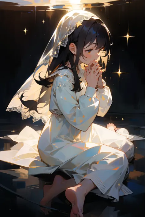  one woman、 One Woman , No Emotion、Fantastic look, masterpiece,  top quality,  high definition ,, One Woman の子, Praying pose、prayer、prayerの女の子、Alone,  black hair,   long hair , barefoot、Barefoot、 dont wear shoes 、 white dress、 long sleeve dress、 lace dress...