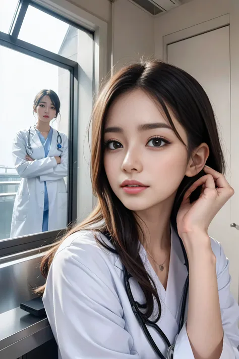 1 girl,  realistic beautiful doctors in the hospital、Stunning beauty、Doctor&#39;s white coat, Collared shirt、( top quality、8K、32K、masterpiece、nffsw:1.3)、 ultra-high resolution ,(Photorealism:1.4),Original Photography,  K-pop idol ， delicate face ， blue eye...