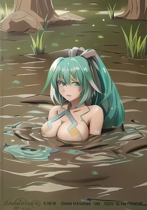 anime girl with blue-green hair floating in a mud pit, the anime girl is sinking, sludge, anime girl, detailed face, beautiful face, good eyes, good nose, good mouth, detailed background, highres, official art, (masterpiece, best quality, absurdres), ((1gi...