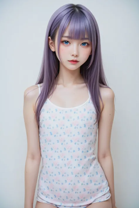 A mesmerizing surreal illustration of a young japanese woman. She has pastel purple hair with blunt bangs, blue eyes, and wears a vibrant purple and blue pastel colored outfit adorned with intricate floral patterns. Freckles dot her smooth, warm complexion...