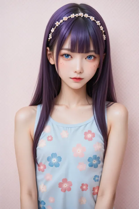 A mesmerizing surreal illustration of a young japanese woman. She has pastel purple hair with blunt bangs, blue eyes, and wears a vibrant purple and blue pastel colored outfit adorned with intricate floral patterns. Freckles dot her smooth, warm complexion...