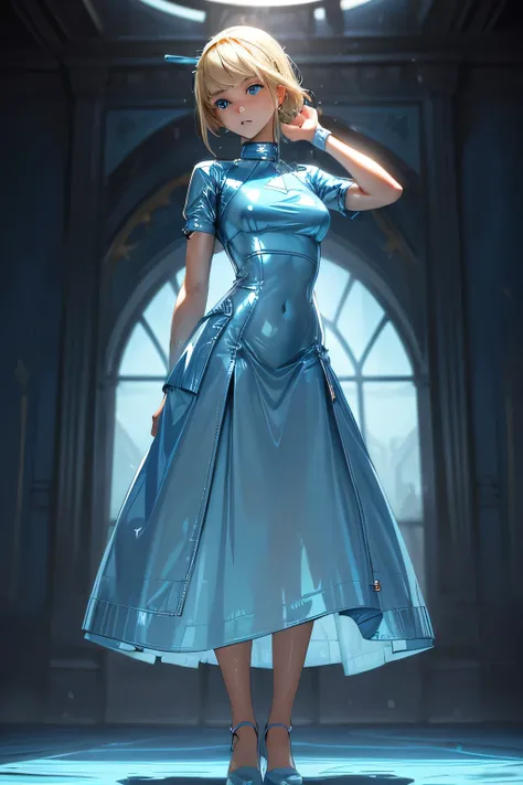  perfect anatomy  　  top quality,  highest resolution,(((light blue latex dress　 Long Skirt 　 blonde alone　  blue eyes　sweat)))　Princess