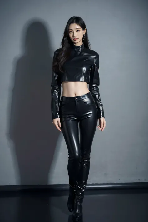 background , background , Japanese cutie girl, young female, (The angle is horizontal)、 Black leather skinny pants , Black leather skinny pants , Black leather skinny pants 、Black long leather boots on both feet、 black long hair, Full body image, Full body...