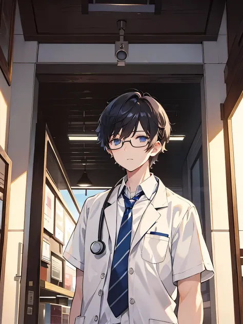  short hair under the eaves of the store　 (((male)))　doctor　Glasses　White　hospital　Medical Record　 character in the foreground　 upper body