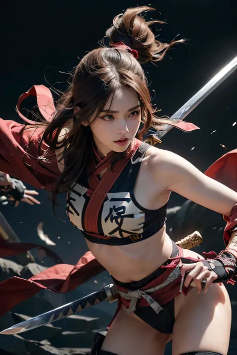  beautiful, beautiful, 40-year-old woman   、  (((     The woman is wearing a red shinobi costume      ))).(((     The red shinobi costume is expressed in detail )))、          Very dark colored pubic hair            、         My expression smiles bewitching...