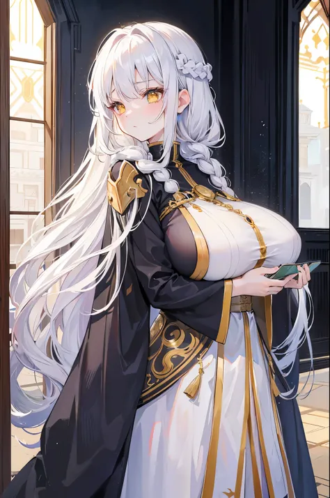 1 woman, (((High quality))), ((masterpiece)), (bright),  white hair,  golden eyes ,  Shy Face ,  medieval fantasy, Holy 배경, Holy,  cute face , Blush on cheeks,  two-pronged hair, Holy 표정, (((mature))), (((mature 얼굴))), (((mature 몸))), , Saintess,  very big...