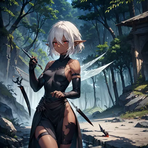 masterpiece, best quality, highly detailed, digital art, character design, full body shot, (single female elf assassin:1.4), ((dark skin tone:1.3)), (dark red eyes:1.2), ((short dark ash hair:1.3)), hair ornament, long eyelashes, (small pointy ears:1.2), l...