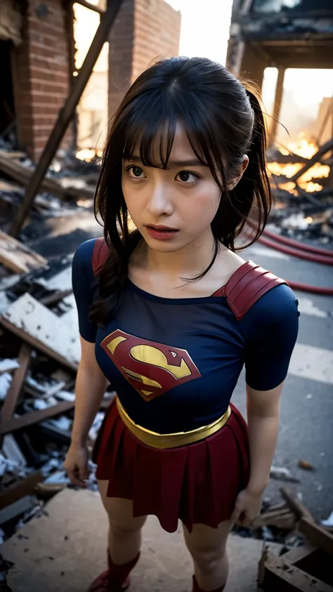 Supergirl, Beautiful Supergirl, Height : 152 CM, 4 feet 11 inches, 30 years old, Supergirl Trapped in the rubble of a destroyed building burning hot fire, midday, supergirl costume, hair tied, hair bangs, Supergirl was sweating profusely, Supergirl had wet...