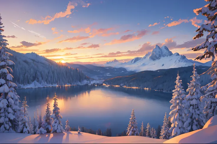  top quality　 Details　masterpiece　A snowy landscape with a beautiful sunset　Mountain　lake　Photo style　 imaginary　 dramatic production 　Artistic　Spectacular views