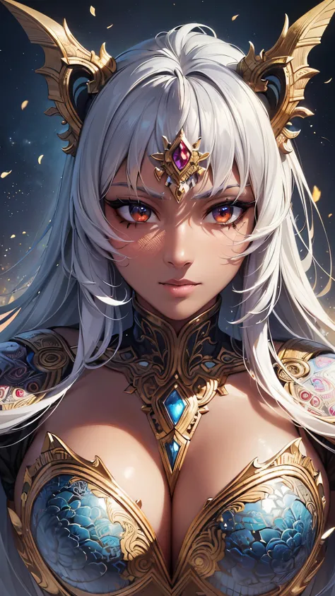 (( top quality)),( super high resolution),( super detailed),( detailed description ),(( best CG )),( Best Artwork ),Ultra-detailed art, Amazing Painted Art ,( Art with Exquisite Details :1.5), Dark-skinned Female Warrior , Amazoness, Highly Exposed Scaleli...