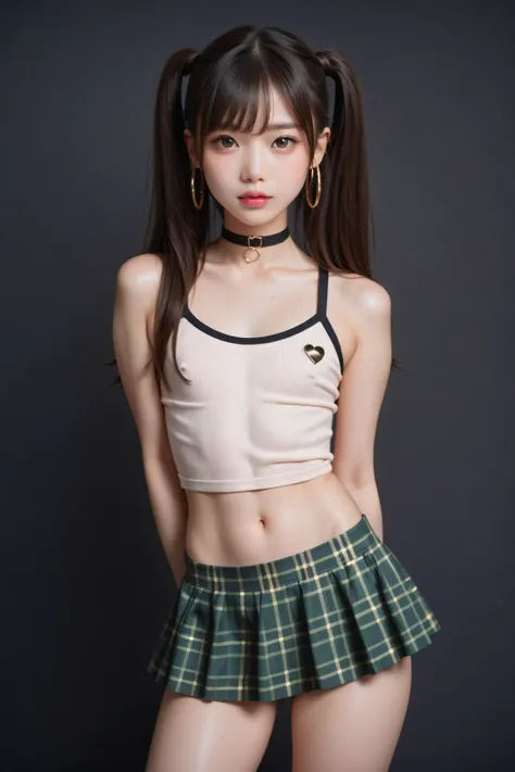 1girl, sexy young asian girl, petite, pigtails, cute face, gorgeous, cute, pretty, pretty face, pale skin, freckles, green hair, gold eyes, full shiny lips, big lips, thick lips, parted lips, light pink lipgloss, mascara, skinny thighs, slender body, in...