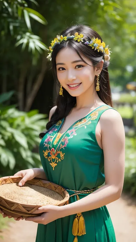 A young woman wearing vibrant traditional hill tribe attire, featuring a brightly colored green and blue embroidered dress adorned with intricate patterns and detailed embellishments. Her headdress is large and ornate, decorated with beads, tassels, and vi...