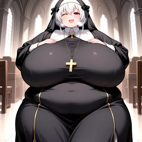 masterpiece, best quality, 1girl, solo,  arenato, white hair, heterochromia, hair ribbon, nun habit, veil, black dress, huge breasts, cross pendant, smile, looking at viewer, church fat, chubby, obese, gigantic arms and legs, large breasts open mouth, out ...