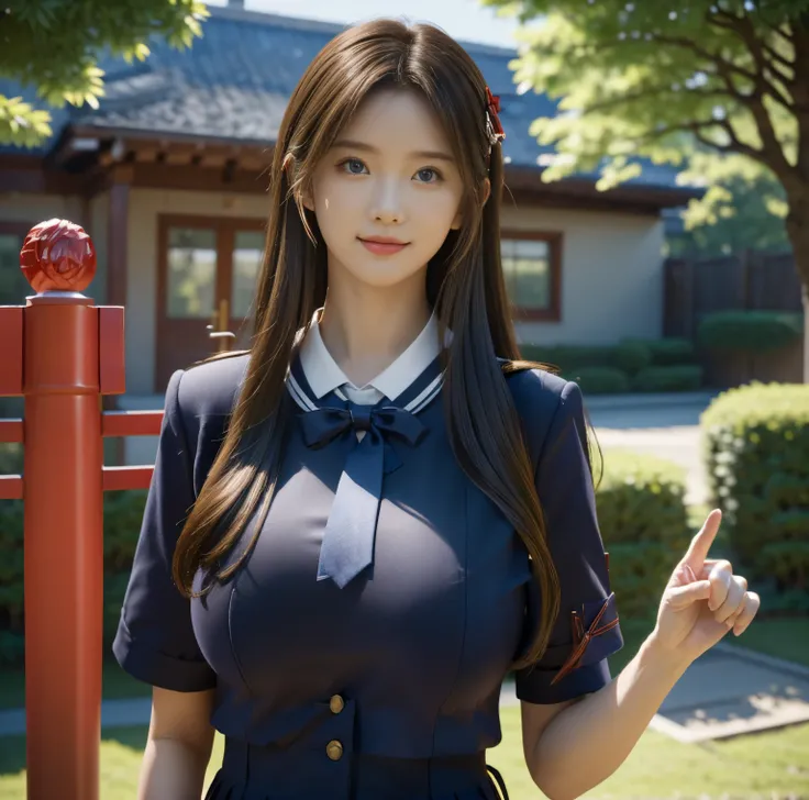 8K quality,  Masterpiece,  bright and artistic lighting,  super real , The entrance to the outside of the house ,  one girl, ( raise one hand and touch the hair with her finger:1.4), A slight smile, High school girl in uniform, (High chest position:1.3), (...