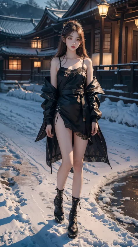 (8K, RAW photo, best quality, master work: 1.2), (real, realism: 1.4), (TWICE Korean female star: 1.4), (full body photo: 1.3), hide your sad face, Lolita Costume, lace, thighs, underwear, bare shoulders, (outside, covered in snow, cloak,) high quality, hi...