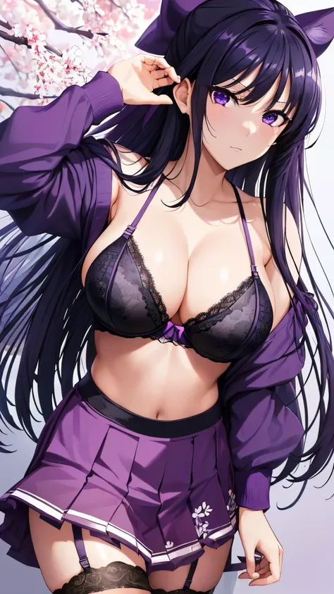 Akane Ryuzoji、 ( top quality) 、 ( top quality) 、(  Masterpiece )、(8k resolution),Beauty、(  adult-like )（  perfect style ）、(  very big breasts :1.3)、 Dark blue long hair、  purple ribbon  、 Angry face、（ Get closer ）、(  black and purple lace garter belt)、(bla...