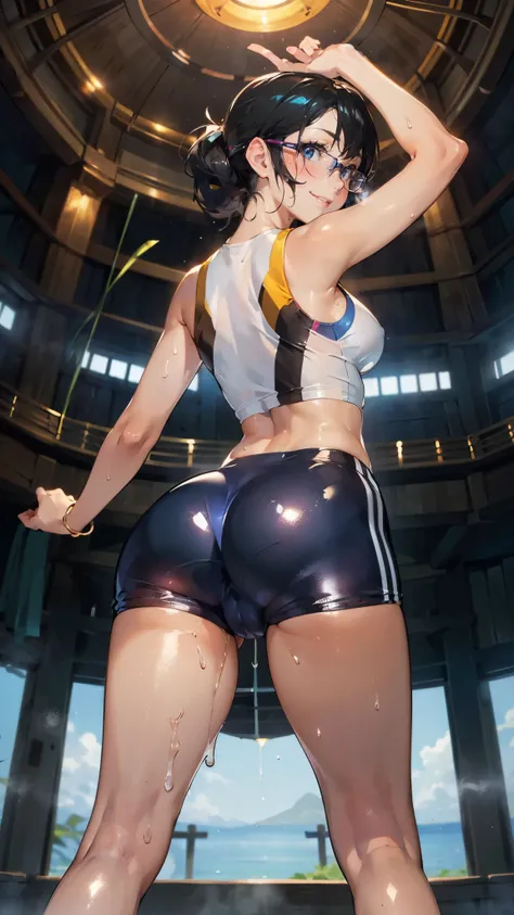 anime - style illustration of a woman in a white sports shorts and white tiny T-shirt, Straw hat, anime character, official character art, full body, female anime girl, (black hair:1.5), looking at viewer, (smile:1.5), (tanned:1.2), armpit, (sweaty:1.2), g...