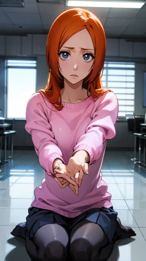 inoueorihime, inoue orihime, long hair, orange hair, (grey eyes:1.5), BREAK sweater, (pink sweater:1.5), long sleeves, puffy sleeves, skirt, blue skirt, long skirt, BREAK looking at viewer, full body, BREAK indoors, classroom, BREAK (masterpiece:1.2), best...