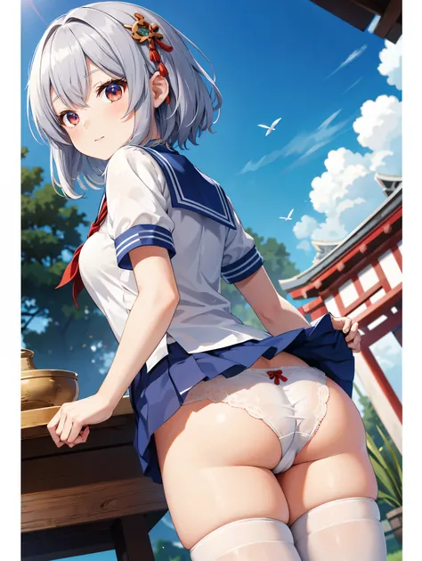 (( top quality)), ( high definition ), (( very detailed ))、(masterpiece)、A shrine maiden with disheveled, mature hair 、Im wearing a transparent sailor suit and cute transparent panties、(６０Im wearing denier tights)、( opens her crotch and flips her skirt at ...