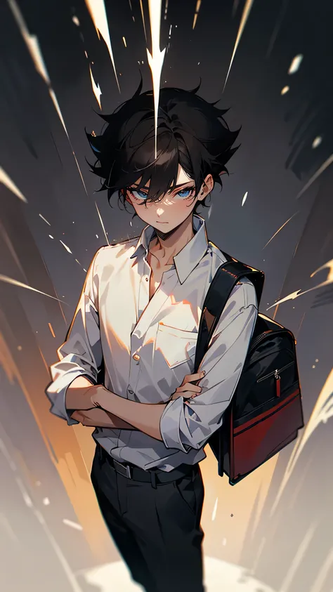 “A 17-year-old Japanese high school student with a determined and serious expression. Kazuma has short black hair, slightly tousled, and sharp, dark brown eyes that reflect his strong will. He wears a typical Japanese high school uniform—a white shirt, bla...