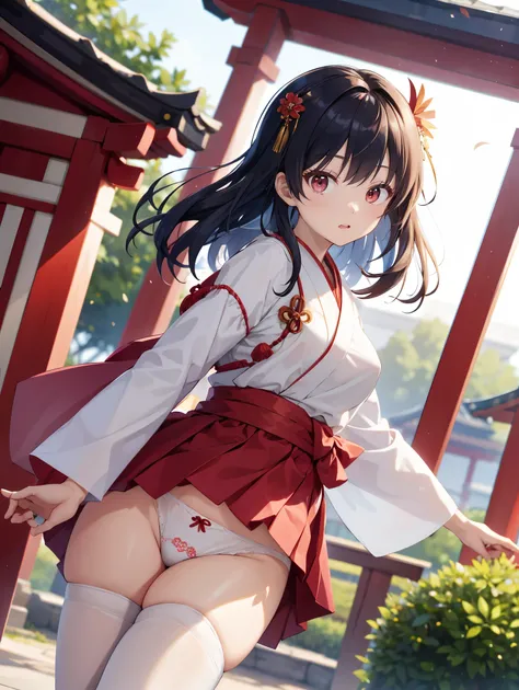 (( top quality)), ( high definition ), (( very detailed ))、(masterpiece)、A shrine maiden with disheveled, mature hair 、The sailor is wearing a transparent kimono and cute transparent panties、(６０Im wearing denier tights)、( opens her crotch and flips her ski...