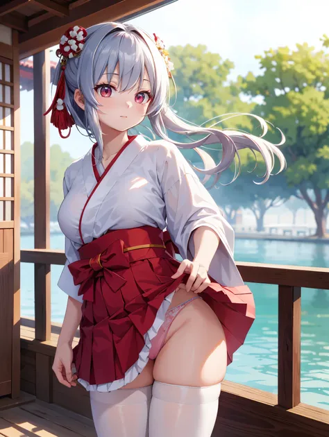 (( top quality)), ( high definition ), (( very detailed ))、(masterpiece)、A shrine maiden with disheveled, mature hair 、The sailor is wearing a transparent kimono and cute transparent panties、(６０Im wearing denier tights)、( opens her crotch and flips her ski...