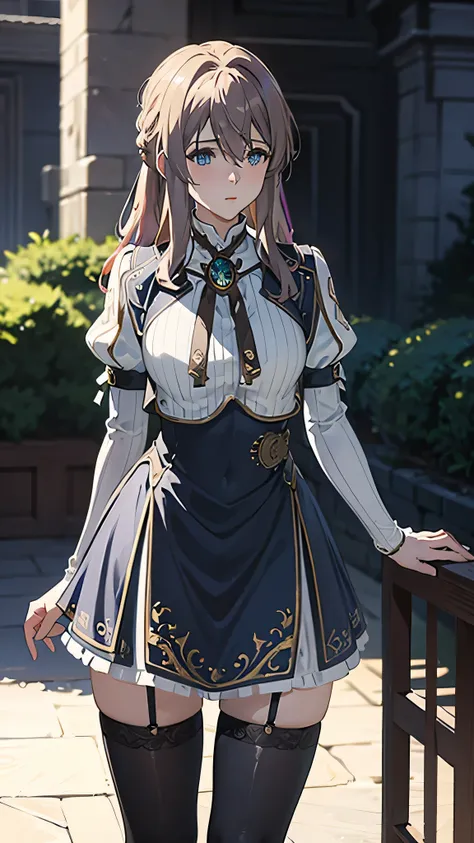 Violet Evergarden; up to down perspective of scene;; elegant pose; staring on sky; mini-skirt; stockings; aesthetic; bohemian; realistic; skinny fit; emo; ; night castle background; Dark fantasy ; focus on hips; goddess; solo girl; epic scene; cute eyes