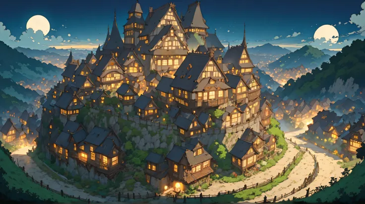 (masterpiece, ultra-detailed, top quality), (cartoon-like illustrations reminiscent of Hayao Miyazaki, Japanese 2D animation, shadows: 1.3), distant night view from above, (huge moons: 1.4), (huge medieval European castle town: 1.3).