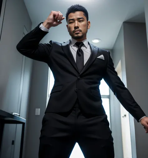 28-year-old male,、  black suit、black tie、black slim pants、mafia、Vacant lot、 Cool battle pose、 The crotch part of my pants is swollen ,Gay , Short hair perm、 stubble,　Masuyama Makotos face 、  black suit、black tie、black slim pants、Shockers Sberto。 battle pos...