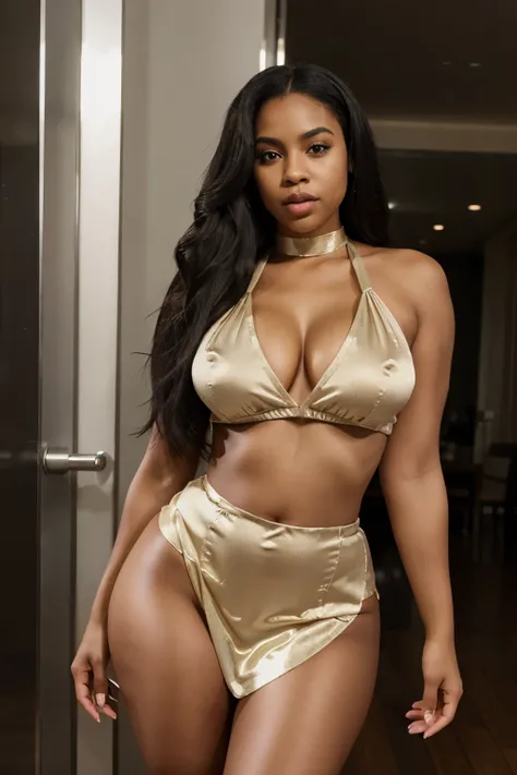 
Mixed black ethnicity, curvy girl, long  straight hair, wide hips, curvy body,wearing  A silk satin halter neck top paired with a high-waisted mini skirt. The satin fabric gives it a shiny, luxurious feel, and the skirt could have a slight slit for added ...