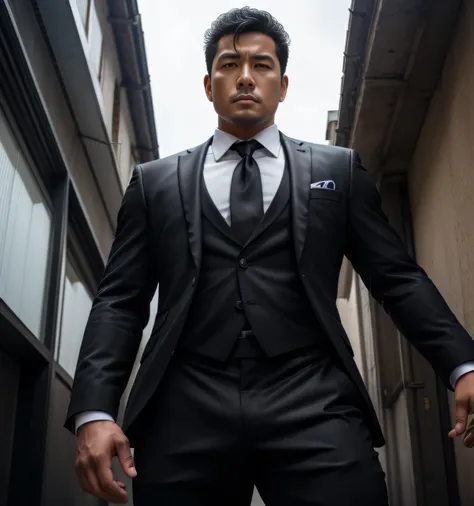 28-year-old male,、  black suit、black tie、black slim pants、mafia、Vacant lot、 Cool battle pose、 The crotch part of my pants is swollen ,Gay , Short hair perm、 stubble,　Masuyama Makotos face 、  black suit、black tie、black slim pants、Shockers Sberto。 battle pos...