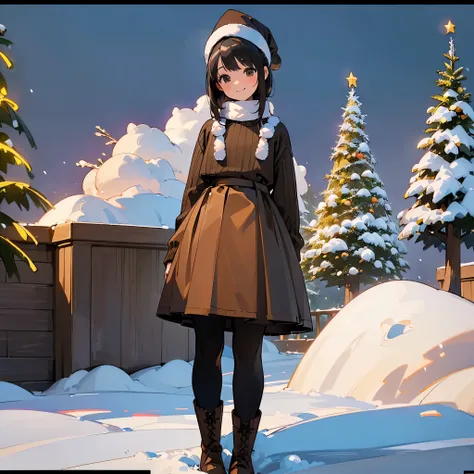 ( High Quality ,  high definition , Very detailed, reality:1.37), Peaceful atmosphere, (Outdoor, garden , snow,  Christmas tree),  teenage girl standing alone, Beautiful details,  cute smile, (Black Bob), Ribbed sweater,Brown skirt, Black tights,  brown bo...