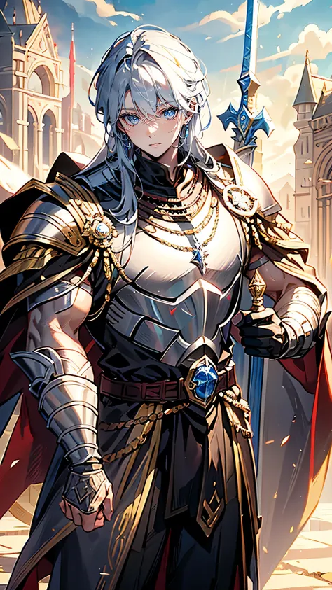 “A tall, muscular knight with short, dark hair and a determined expression. He wears intricately designed silver and gold armor, adorned with the crest of his kingdom, and carries a large, gleaming sword on his back. His armor is slightly worn, showing sig...