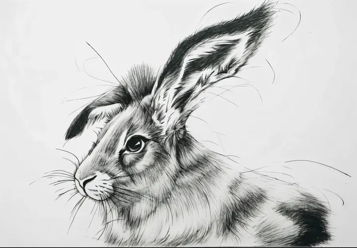 Drawing with sauce, drawing in the sauce technique, black, animal, hare, simple drawing, A beginners drawing, Fuzzy lines, not a complete image