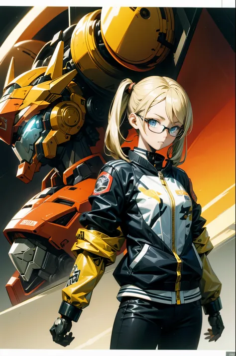 1girl, blonde ponytails , glasses, mecha cyborg, bomber jacket, mecha arm