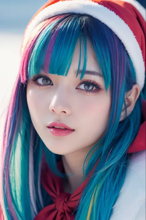  High Quality , Realistic、 high definition , Realistic、8k、masterpiece,  Details.Impressive、Cutting-edge female photography portraits、 Santa Claus costume、Snowfield、Expression of happiness、The way you look at someone you love、Yellow、Cyan, and purple,  Her V...