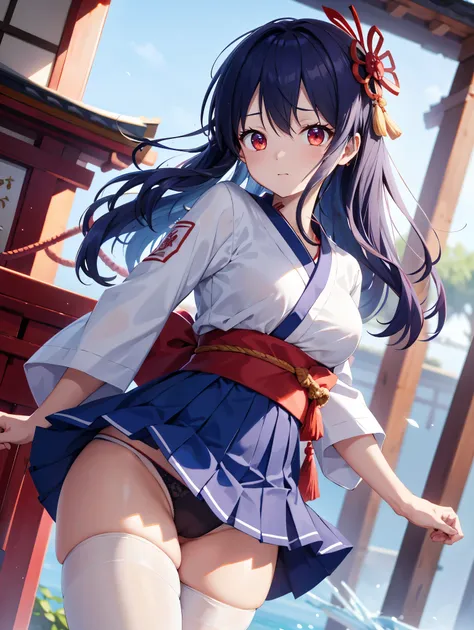 (( top quality)), ( high definition ), (( very detailed ))、(masterpiece)、A shrine maiden with disheveled, mature hair 、The sailor is wearing a transparent kimono and cute transparent panties、(６０Im wearing denier tights)、( opens her crotch and flips her ski...