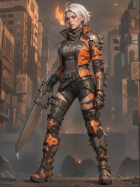 A full-body, ultra-detailed depiction of a post-apocalyptic female warrior standing confidently in an urban wasteland. She has short, platinum-white hair styled in a sleek bob, with a piercing and determined gaze. Her outfit consists of a black wool combat...