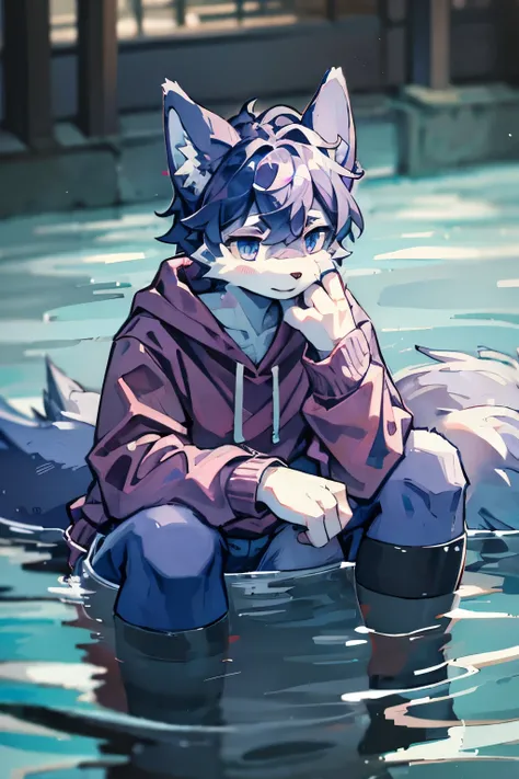 Calm sea， wolf orc pressing the surface of the water with his left hand，Purple fur ，Wearing a sweatshirt，Q version