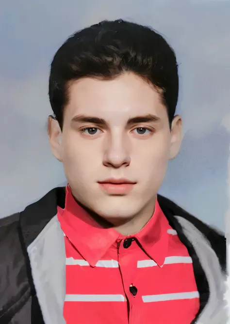 The image shows a person wearing a red shirt with white stripes, a light-colored jacket, and a dark coat. The background appears to be a gradient of light blue to white.