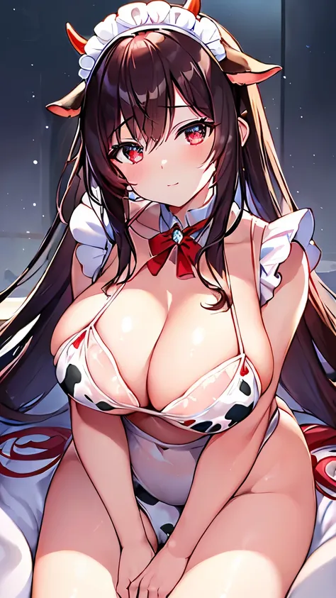 {{ animated illustration}},(Horse Girl:1.10),(perfect red, clear eyes,  Masterpiece , so delicate and beautiful:1.2), (最 High Quality :1.2), ( super high resolution,:1.4),( neon light, shining stage ,Ox Woman,Cow print maid outfit, Show your side,Lots of m...