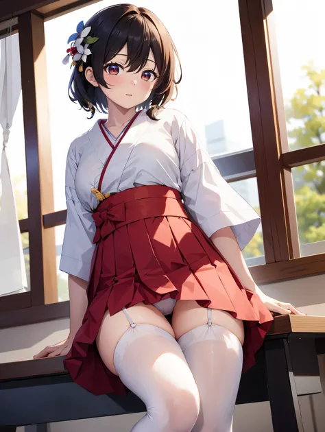 (( top quality)), ( high definition ), (( very detailed ))、(masterpiece)、A shrine maiden with disheveled, mature hair 、The sailor is wearing a transparent kimono and cute transparent panties、(６０Im wearing denier tights)、(Im opening my crotch and flipping m...