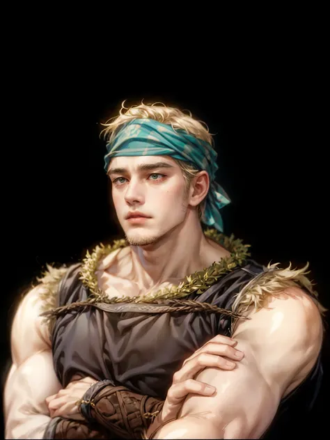 (absurdres, highres, ultra detailed, HDR), masterpiece, perfect face, detailed face, intricate details, extremely detailed character profile, best quality close-up picture, fire emblem character, rpg, bandit outfit, dark teal headscarf bandana, chubby adul...