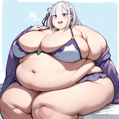 emilia (re:zero), 1girl, bikini, sitting, smile fat, chubby, obese, gigantic arms and legs, large breasts open mouth, out of breath