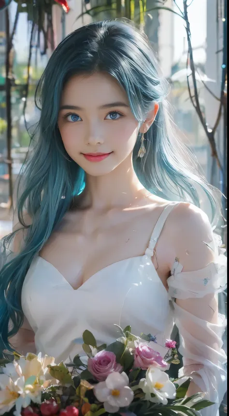 Realistic, full body portrait of a young girl, perfect body, perfect professional pose, 20 years old. Musical blue hair, beautiful realistic light blue eyes; beautiful white teeth, happy smile, attractive, make up the worlds most beautiful perfect face ove...