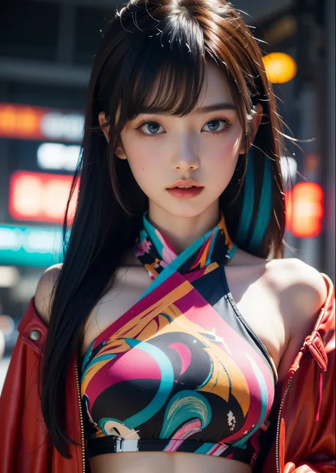 (  Masterpiece ,  top quality,  top quality,  official art, beautiful、Midea:1.2)、cowboy shot、 Portraits、 ( cyberpunk fashion girl 1)、big dark blue eyes 、beautiful肌、（ long pink hair with bangs ）、 very detailed,( neon colored fractal art :1.3)、  perfect ligh...