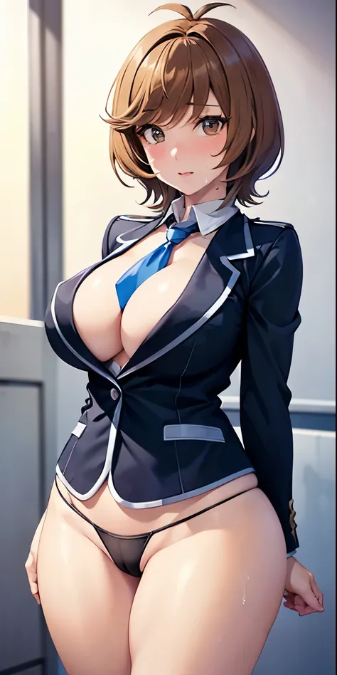 1 Female,High definition,high resolution,Ultra-realistic,8K,hmza, short hair, brown hair,antenna hair, brown eyes,  blue necktie, black jacket, long sleeves, school uniform,black thong,European,sexy,Photographed from the front,Dynamic Angles,blush, huge ti...