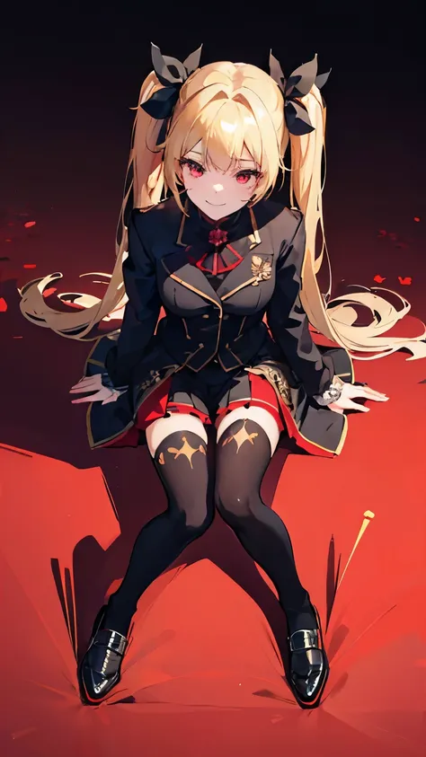 detailed, ultra-detailed, masterpiece, 8k wallpaper,(realistic:1.2),
1girl, thighhighs, blonde hair, solo, sitting, twintails hair, black coat, red eyes, black hot pants, shoes, black long sleeves, yellow flower, from above, black footwear, bow, looking at...